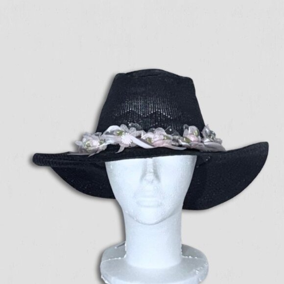 Handcrafted Cowboy Hat Floral Appliqué Ribbon Trim Western Festival Black OS - Picture 1 of 14